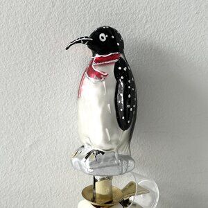 Penguin Blown Glass Ornament Clip On Bird Red Scarf 4.5” Glitter Hand Painted